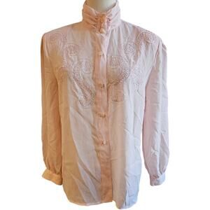 Vintage Laura‎ & Jayne Soft Pink Floral Beaded High Neck Top Shirt Women Size 10